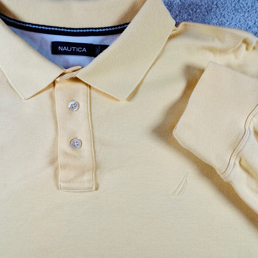 Nautica Mens Long Sleeve Polo Shirt XL Yellow Cotton Solid Classic Fit Logo